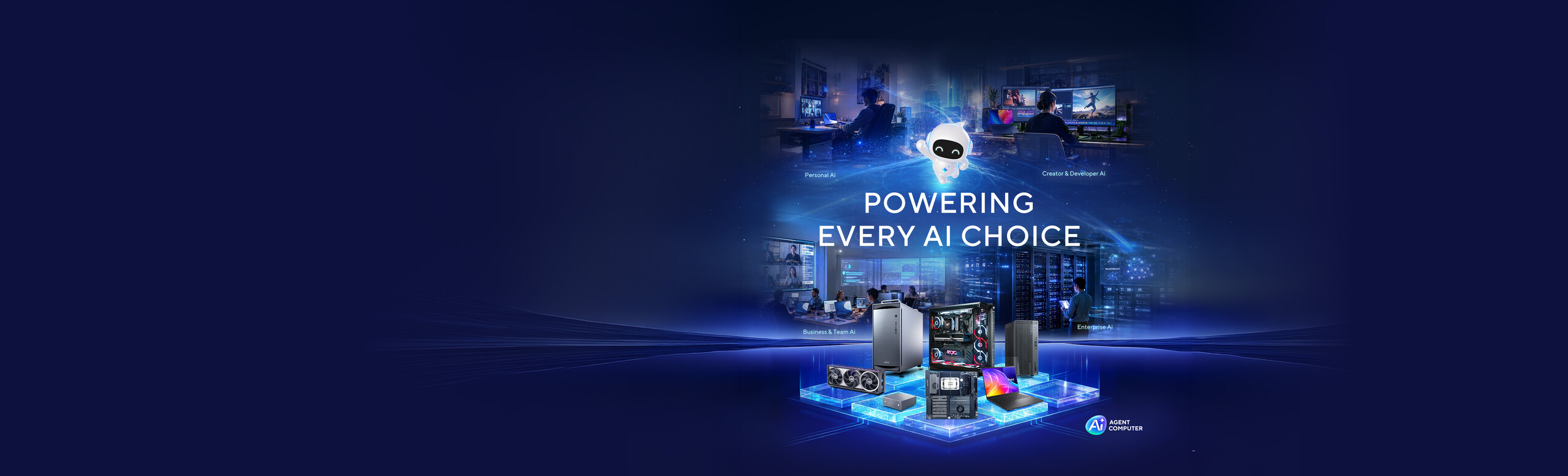 Banner reading 'Powering Every AI Choice' with ASUS Zenni Claw at center, surrounded by four lifestyle scenes — Personal AI, Creator & Developer AI, Business & Team AI, and Enterprise AI — above a lineup of floating hardware products including a desktop tower, a ROG gaming PC, a mini PC, a workstation motherboard, a laptop, and a liquid cooler, set against a dark blue tech-themed background with circuit and network patterns.